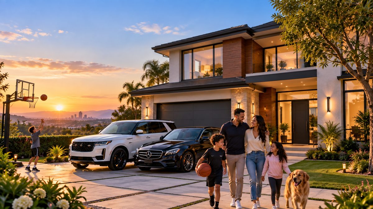 A family arriving home at their house at sunset