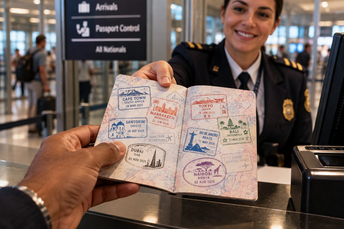 A passport filled with stamps handed across a passport control counter
