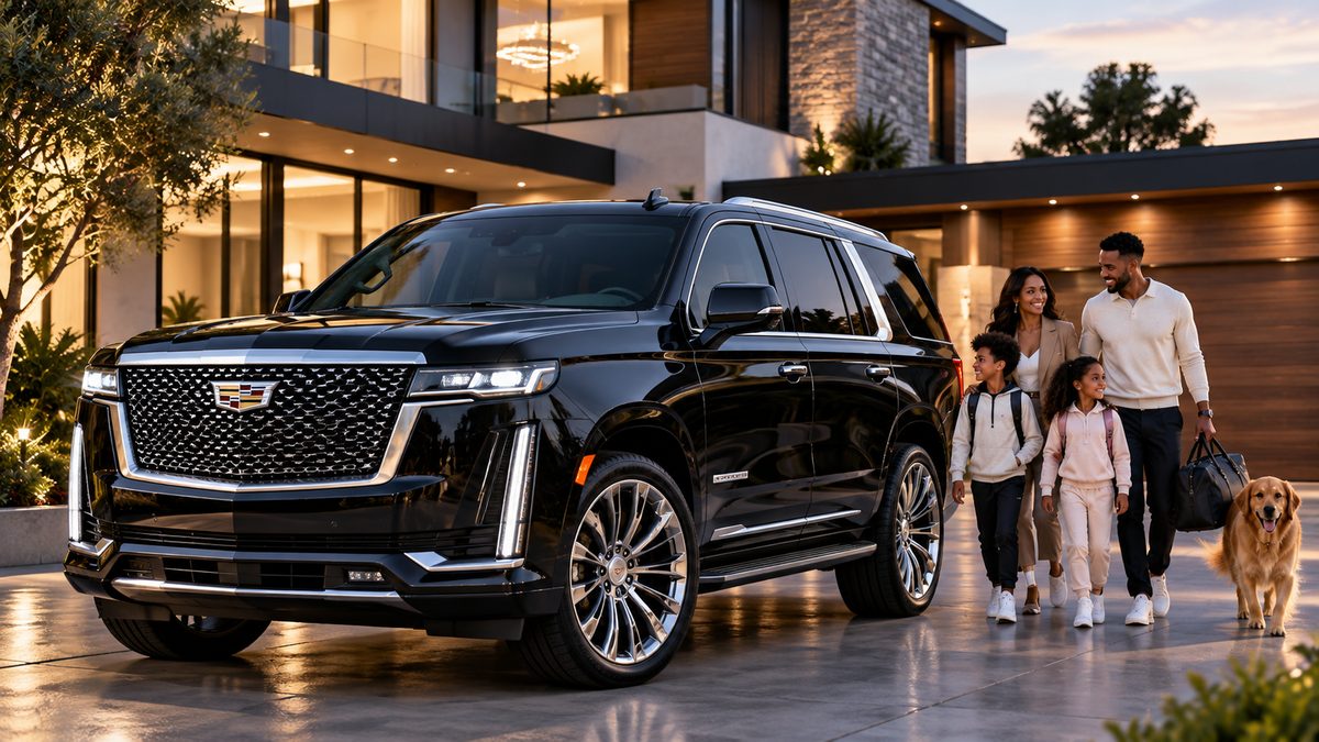 A family walking to their luxury SUV in the driveway