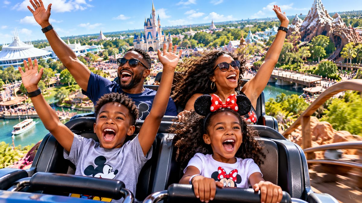 A family celebrating together on a theme park ride