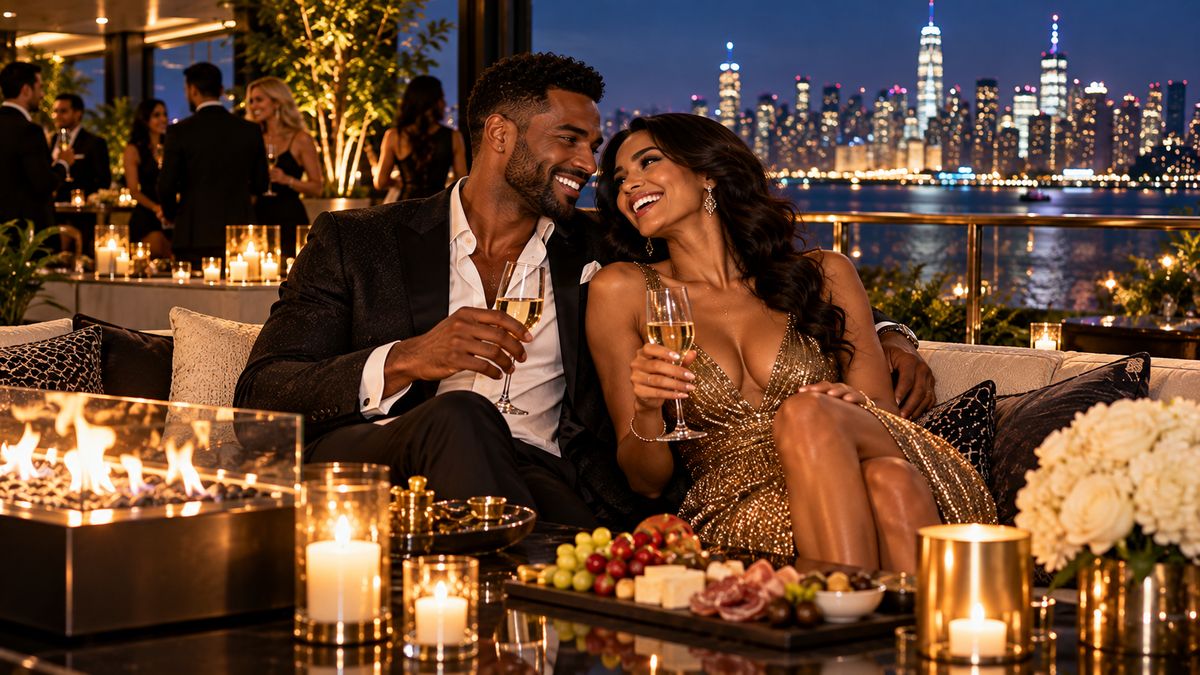 A couple on a rooftop terrace overlooking the city