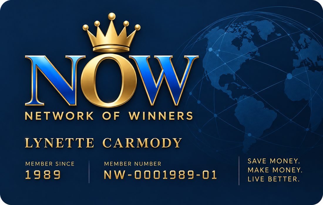 A Network of Winners membership card in navy and gold