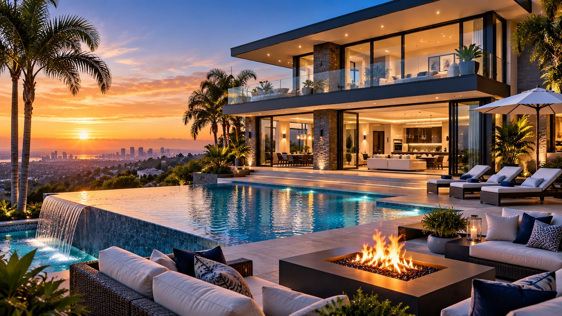 A hillside home with an infinity pool at sunset