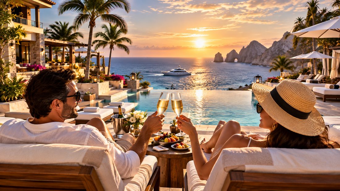 A couple toasting at sunset overlooking the ocean