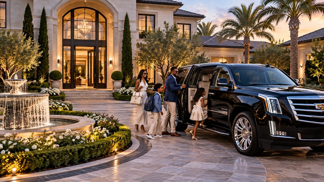A family arriving home at their residence at sunset